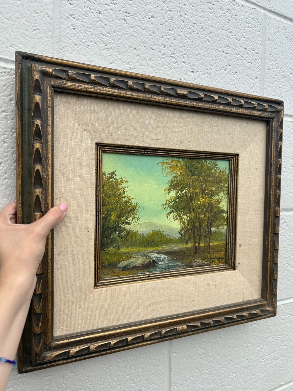 Vintage Framed Green Landscape Oil Painting with Gold Accent Frame Art Decor
